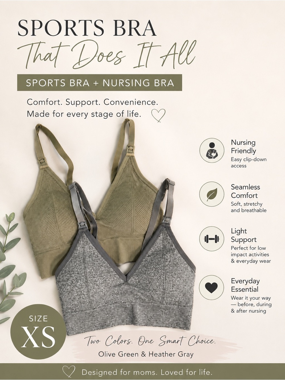 2set-Auden Olive Green & Heather Gray Sports + Nursing Bra Set